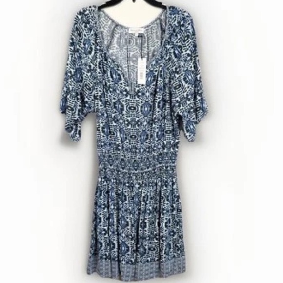 Michael Stars Blue Avery Peasant Dress V-Neck Short Sleeve Bohemian Size Large - Picture 1 of 12
